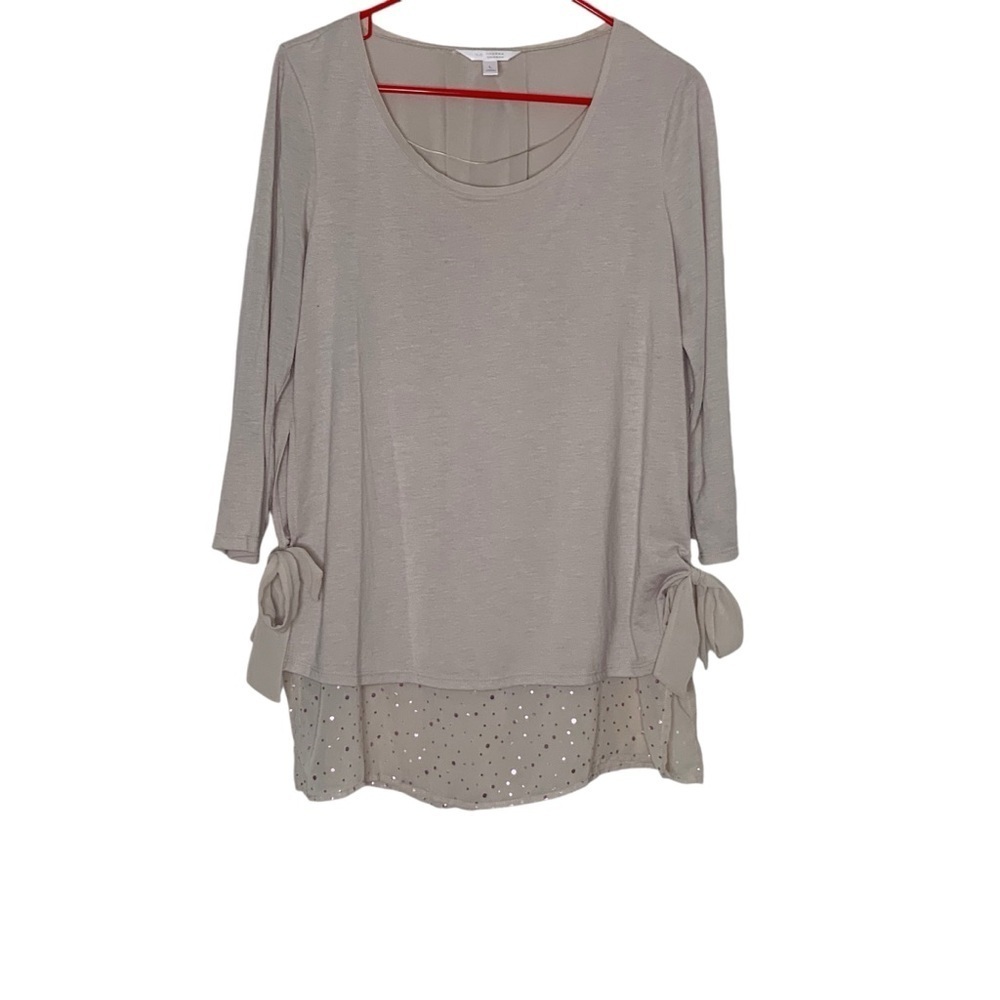 Lauren Conrad long sleeve tan colored blouse with side ties. Size L - Picture 3 of 5